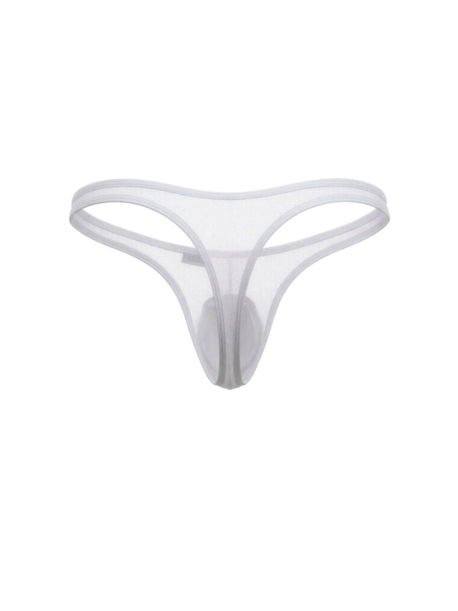 White CandyMan thong in sheer mesh fabric with a minimalist strap design and contoured front pouch.