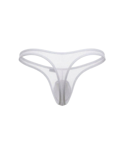 White CandyMan thong in sheer mesh fabric with a minimalist strap design and contoured front pouch.