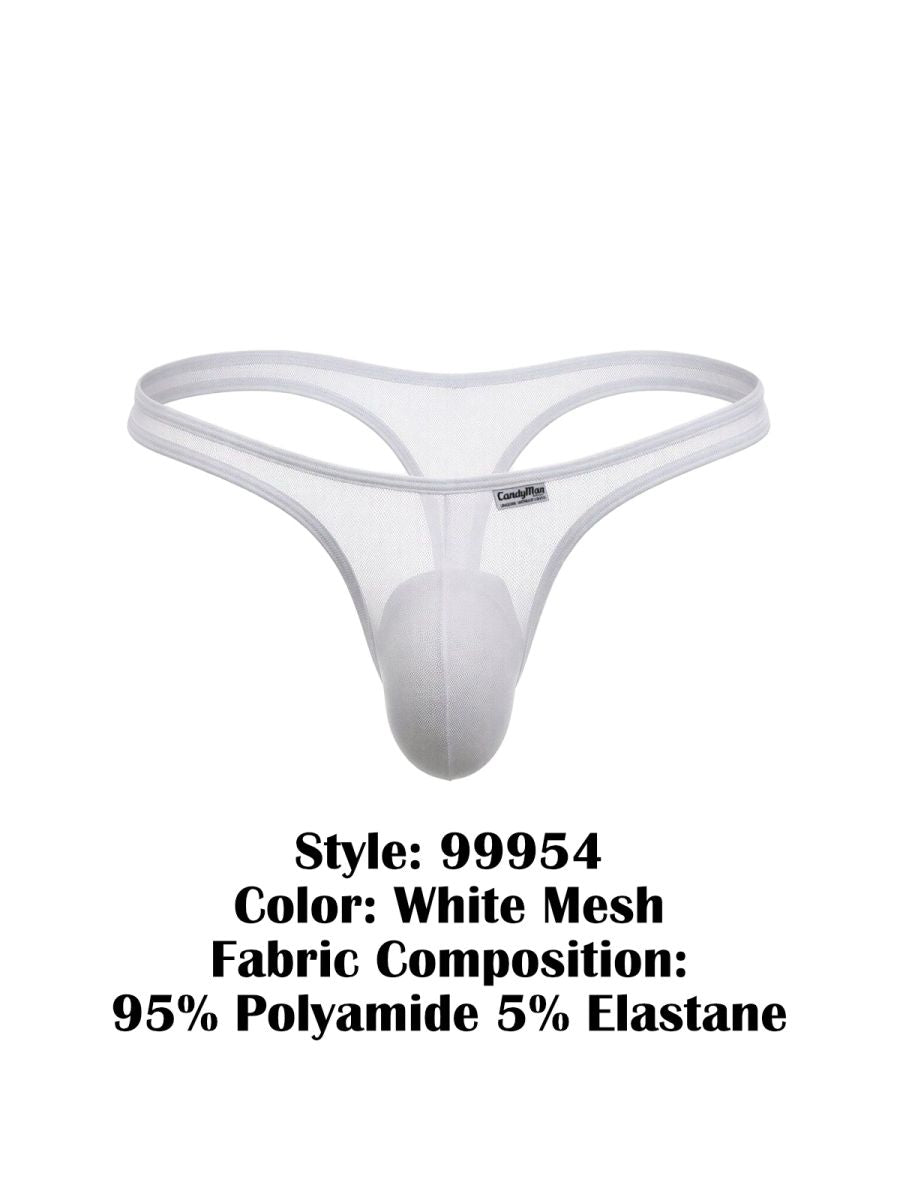 White CandyMan 99954 thong made of sheer mesh fabric with a contoured pouch and elastic waistband.