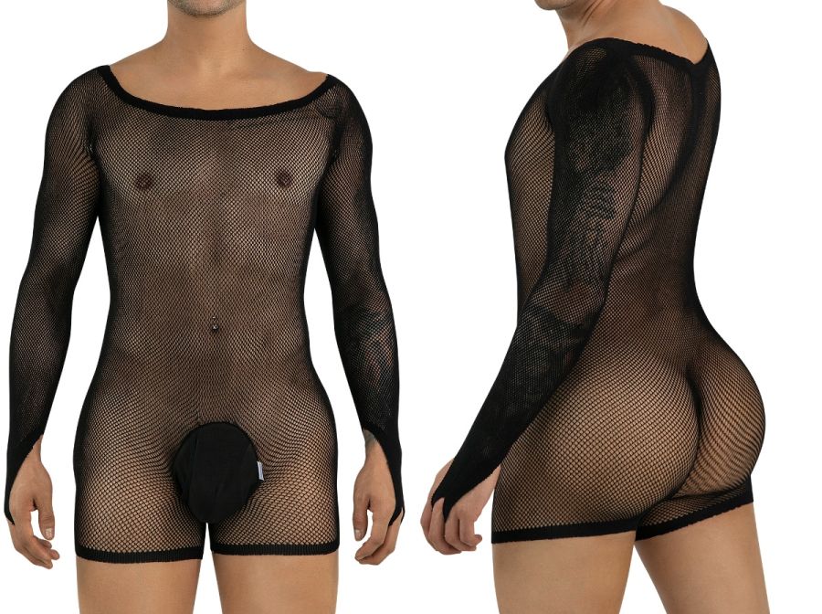 Black CandyMan 99955 long-sleeve mesh bodysuit with a solid pouch and scoop neckline shown front and back.