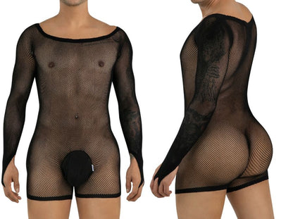 Black CandyMan 99955 long-sleeve mesh bodysuit with a solid pouch and scoop neckline shown front and back.