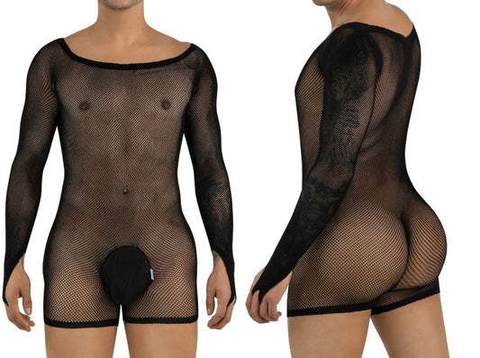 Black CandyMan 99955 long-sleeve mesh bodysuit with a solid pouch and scoop neckline shown front and back.