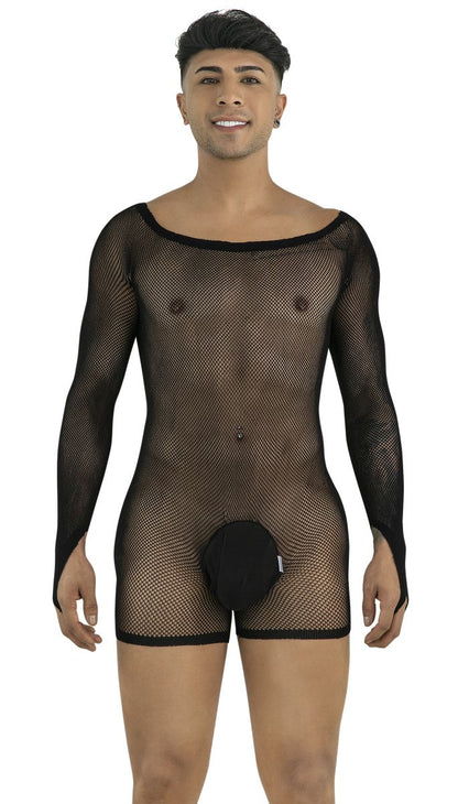 Black long-sleeve fishnet bodysuit with an open-back style and a solid black pouch.