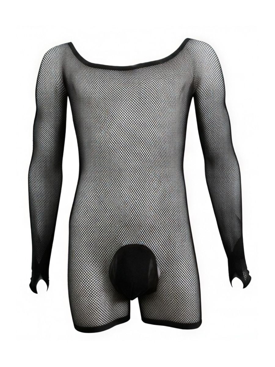CandyMan black fishnet bodysuit with long sleeves, scoop neck, and an opaque solid fabric front pouch.
