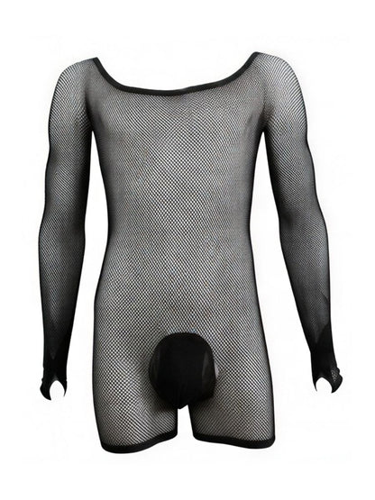 CandyMan black fishnet bodysuit with long sleeves, scoop neck, and an opaque solid fabric front pouch.