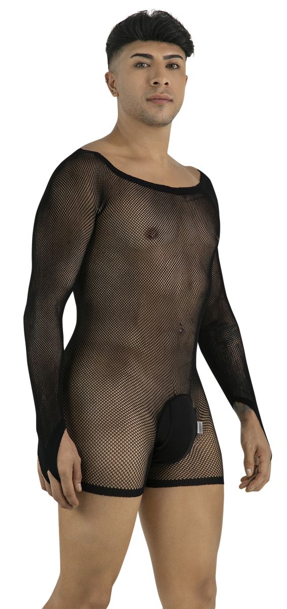CandyMan black fishnet bodysuit with long sleeves, scoop neck, and an opaque contoured front pouch.