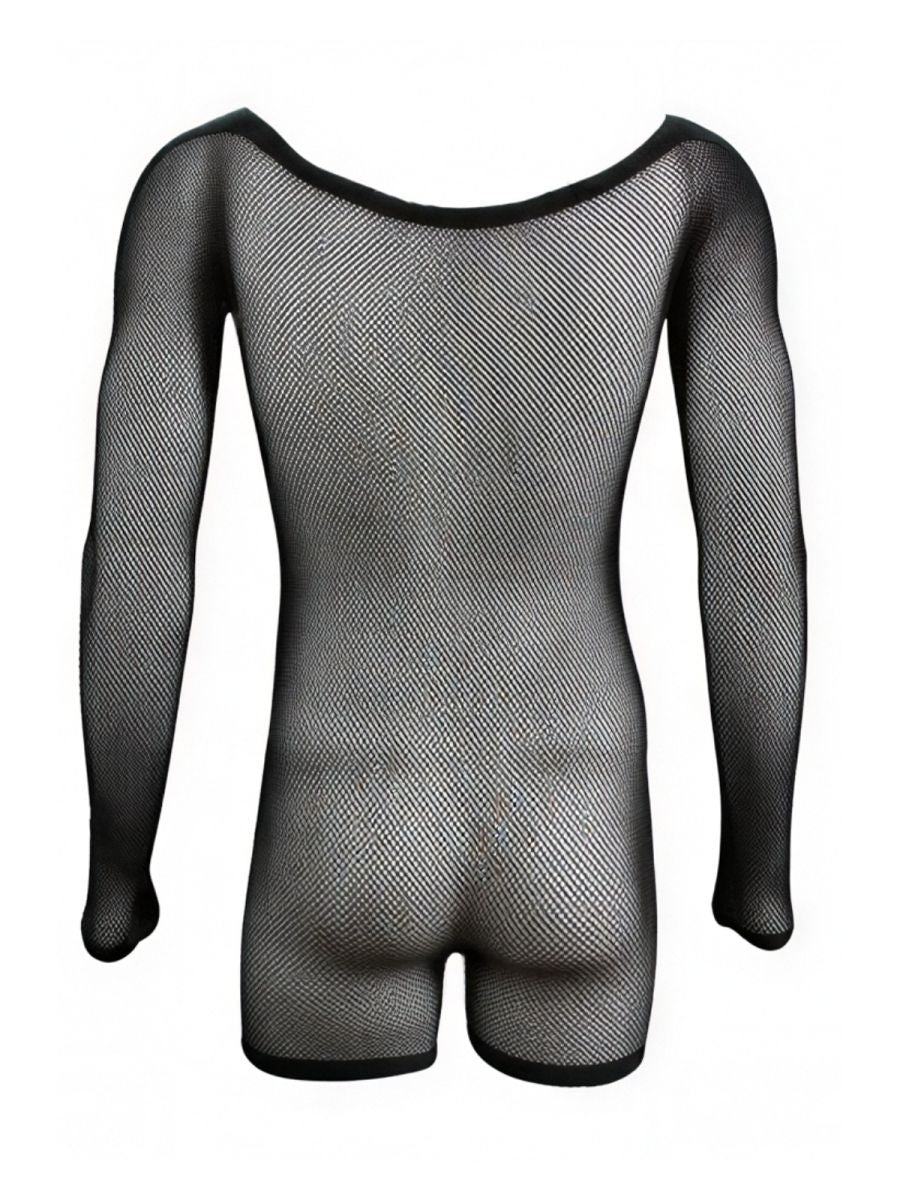 CandyMan black fishnet bodysuit with long sleeves, scoop neckline, and short leg cut.