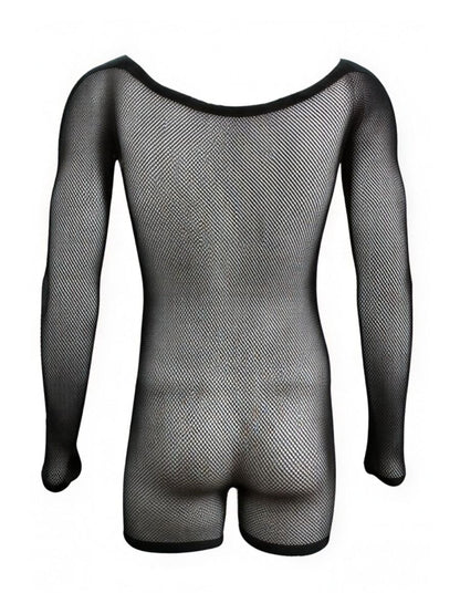 CandyMan black fishnet bodysuit with long sleeves, scoop neckline, and short leg cut.