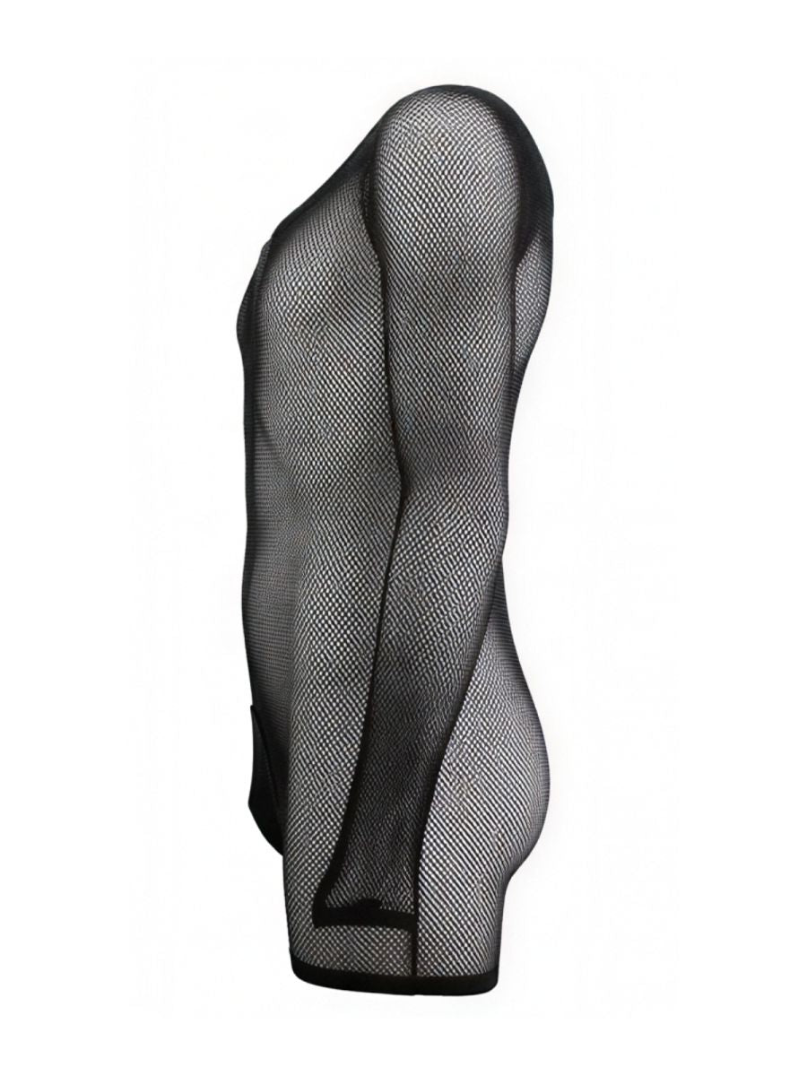 Side profile of a black CandyMan 99955 long-sleeve bodysuit in semi-sheer, diamond-patterned fishnet mesh fabric.