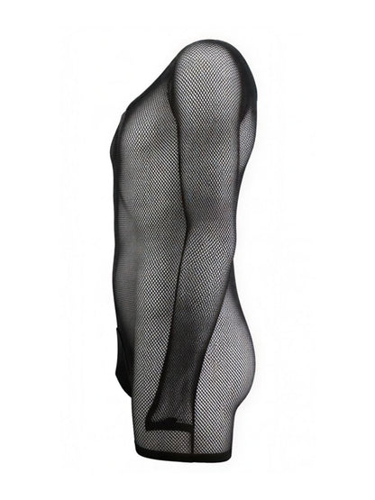 Side profile of a black CandyMan 99955 long-sleeve bodysuit in semi-sheer, diamond-patterned fishnet mesh fabric.