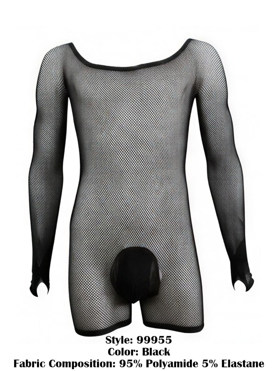 Black CandyMan 99955 long-sleeve bodysuit in sheer fishnet fabric with a solid opaque crotch pouch.