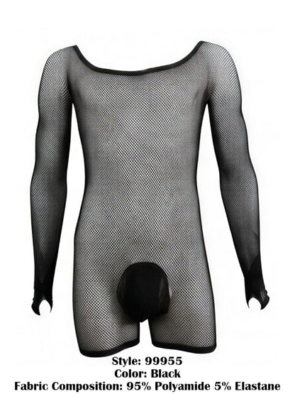 Black CandyMan 99955 long-sleeve bodysuit in sheer fishnet fabric with a solid opaque crotch pouch.