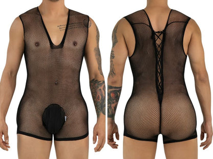 CandyMan black fishnet bodysuit with V-neck, pouch front, and lace-up back detail shown from front and back.