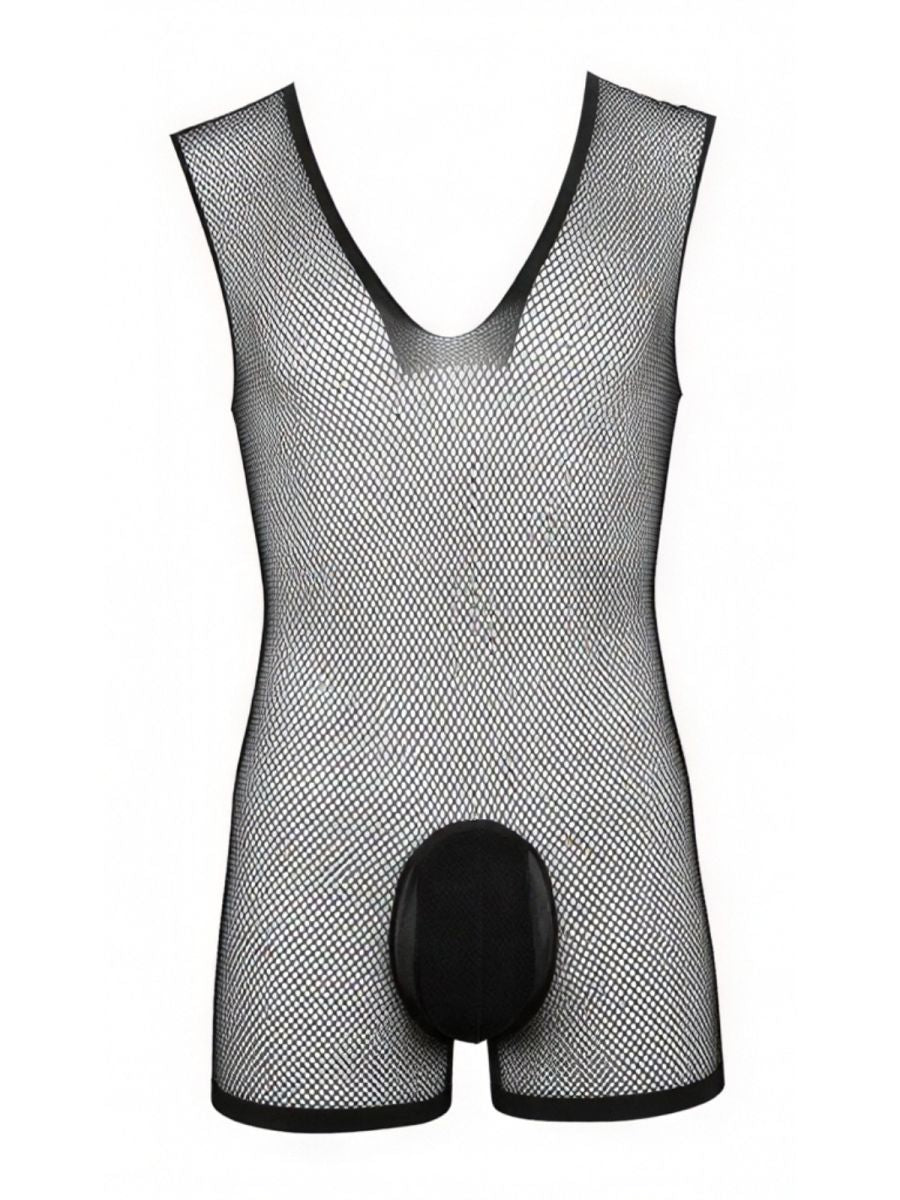 Black fishnet sleeveless bodysuit by CandyMan with a deep V-neck and a solid opaque pouch.