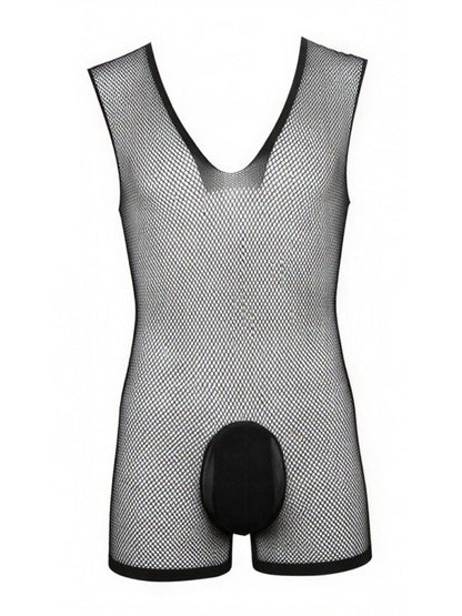 Black fishnet sleeveless bodysuit by CandyMan with a deep V-neck and a solid opaque pouch.