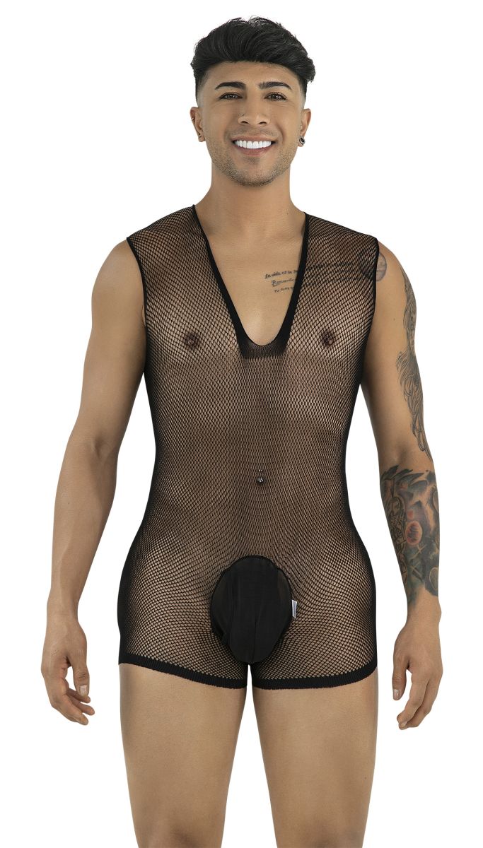 A man wears a black CandyMan mesh bodysuit with a deep V-neck and a solid black pouch.