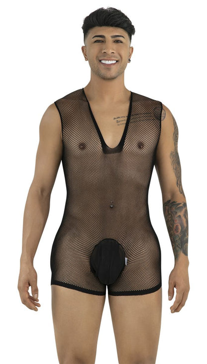 A man wears a black CandyMan mesh bodysuit with a deep V-neck and a solid black pouch.