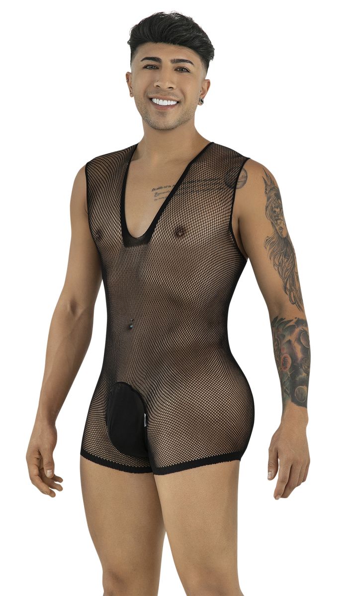 CandyMan black fishnet bodysuit with deep V-neck and solid pouch. sleeveless, short-cut design.