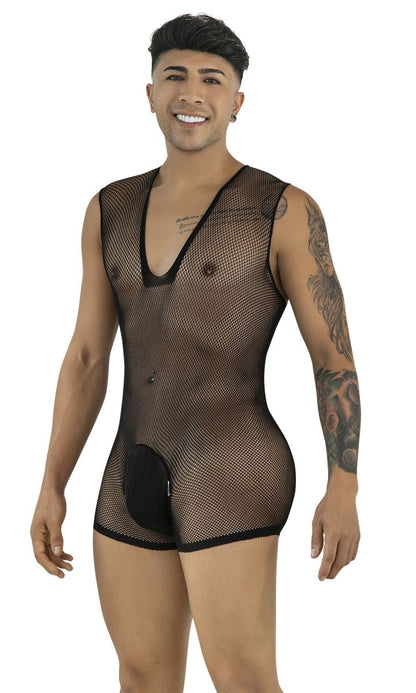 CandyMan black fishnet bodysuit with deep V-neck and solid pouch. sleeveless, short-cut design.