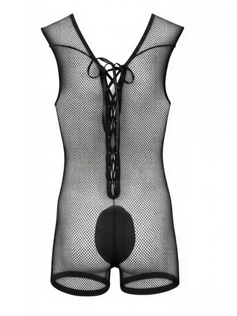 Black CandyMan mesh bodysuit with lace-up front detail and solid panel crotch.