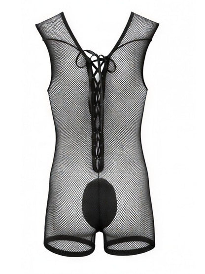 Black CandyMan mesh bodysuit with lace-up front detail and solid panel crotch.