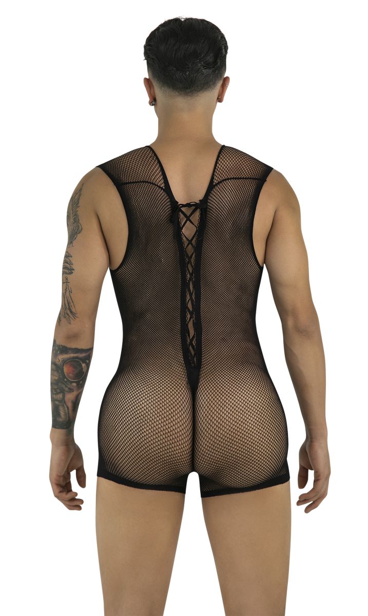 Back view of a black, sleeveless fishnet bodysuit with a lace-up detail along the center back.
