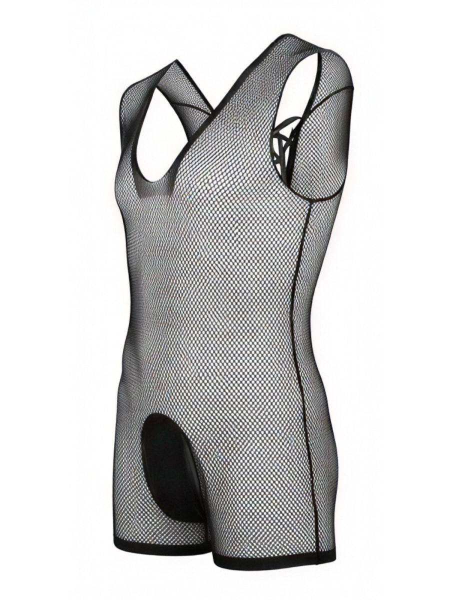 CandyMan black mesh bodysuit with a tank-top cut, racerback design, and solid black crotch panel.