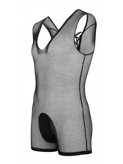 CandyMan black mesh bodysuit with a tank-top cut, racerback design, and solid black crotch panel.
