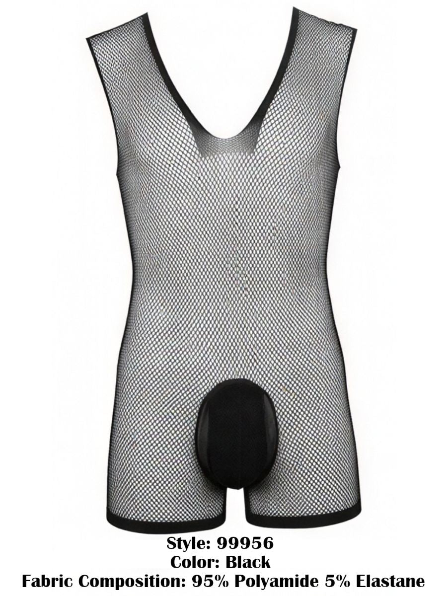 Black CandyMan 99956 sleeveless fishnet bodysuit with deep V-neck and solid opaque pouch.