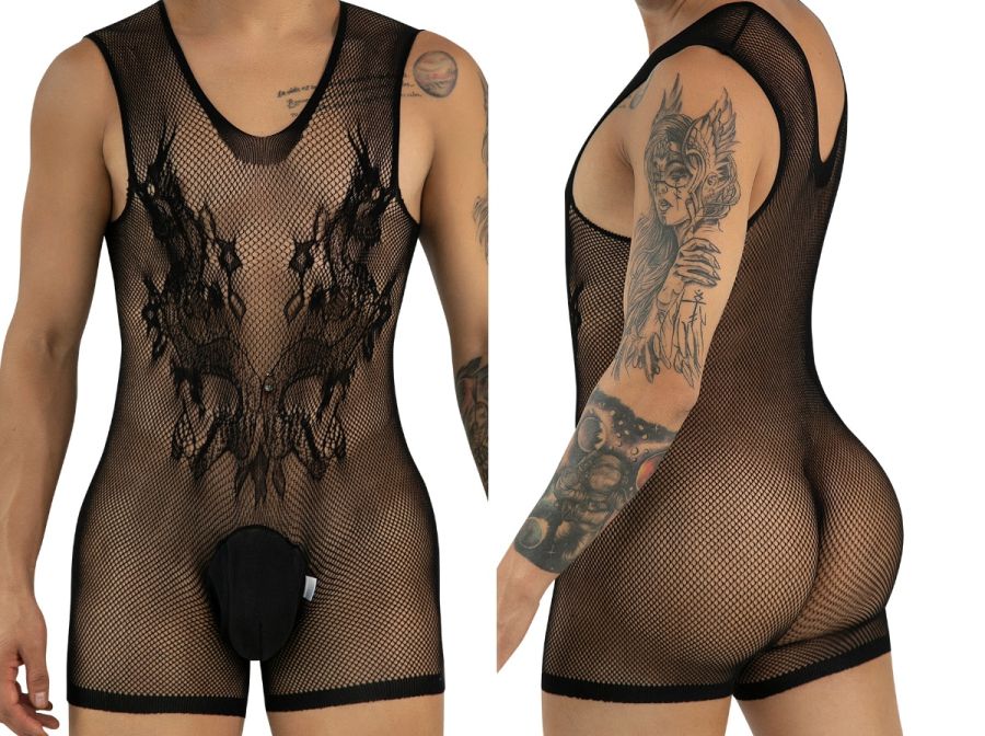 Black CandyMan mesh bodysuit with intricate lace pattern on front, sleeveless design, and solid black crotch pouch.