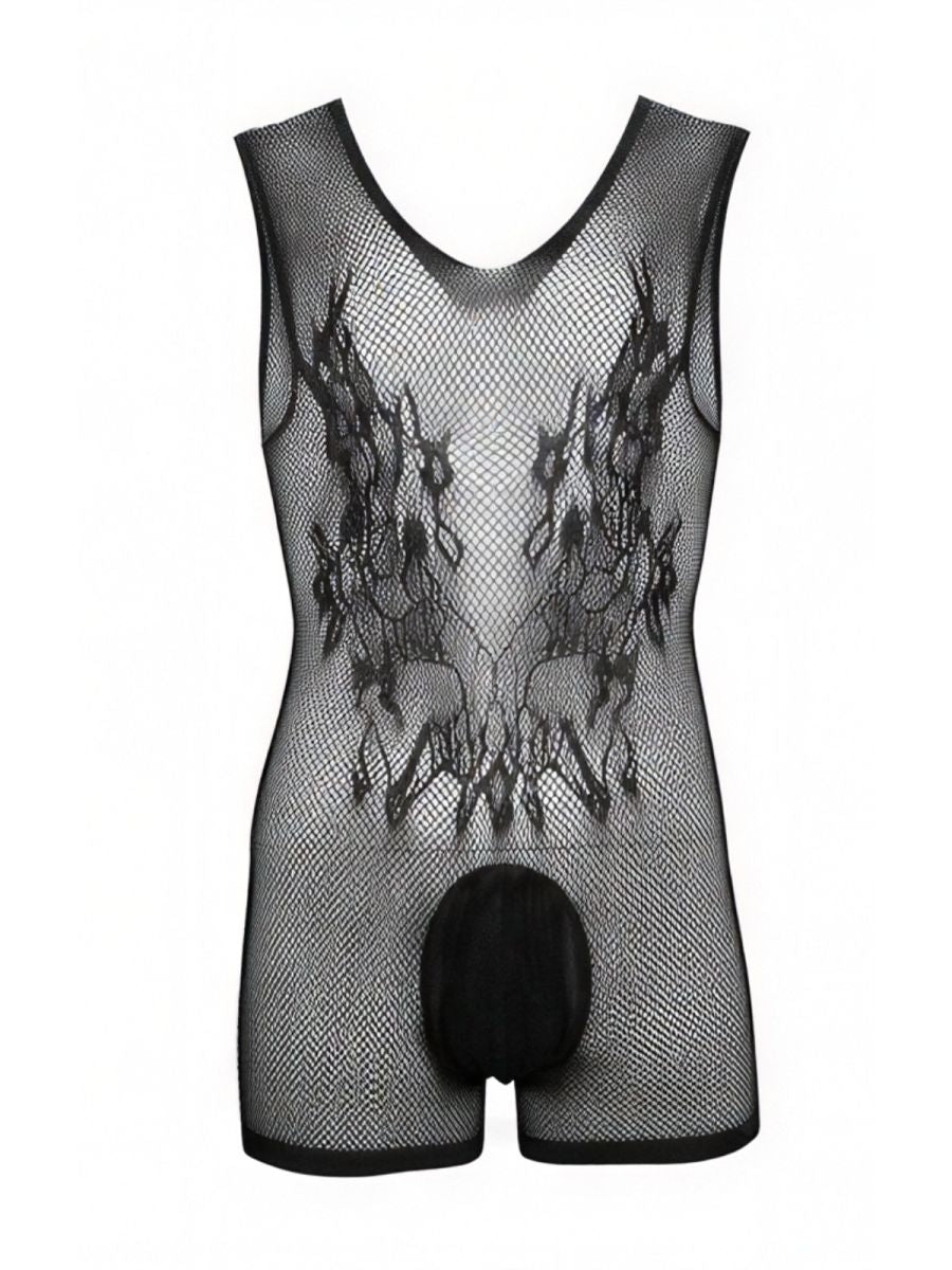 Black CandyMan fishnet bodysuit with sleeveless tank cut, solid pouch, and textured woven pattern on the chest.