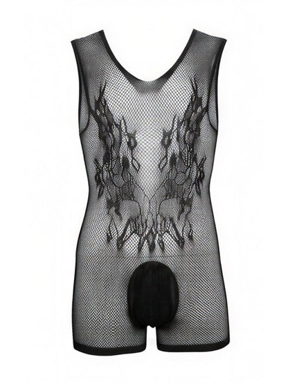 Black CandyMan fishnet bodysuit with sleeveless tank cut, solid pouch, and textured woven pattern on the chest.