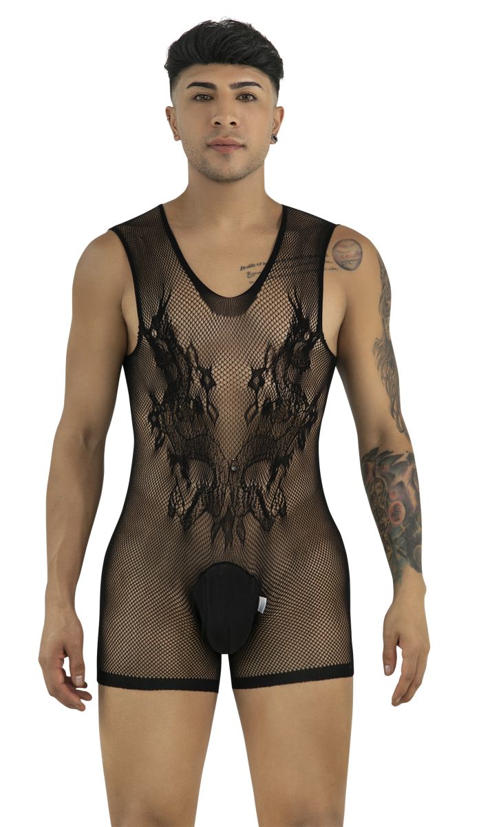 Black CandyMan fishnet bodysuit with intricate lace-like front detailing and a solid fabric pouch.