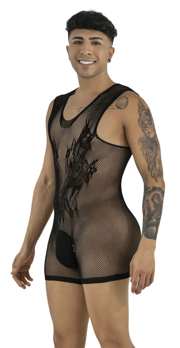 A man wears a black fishnet bodysuit with a scoop neck and a solid opaque pouch.