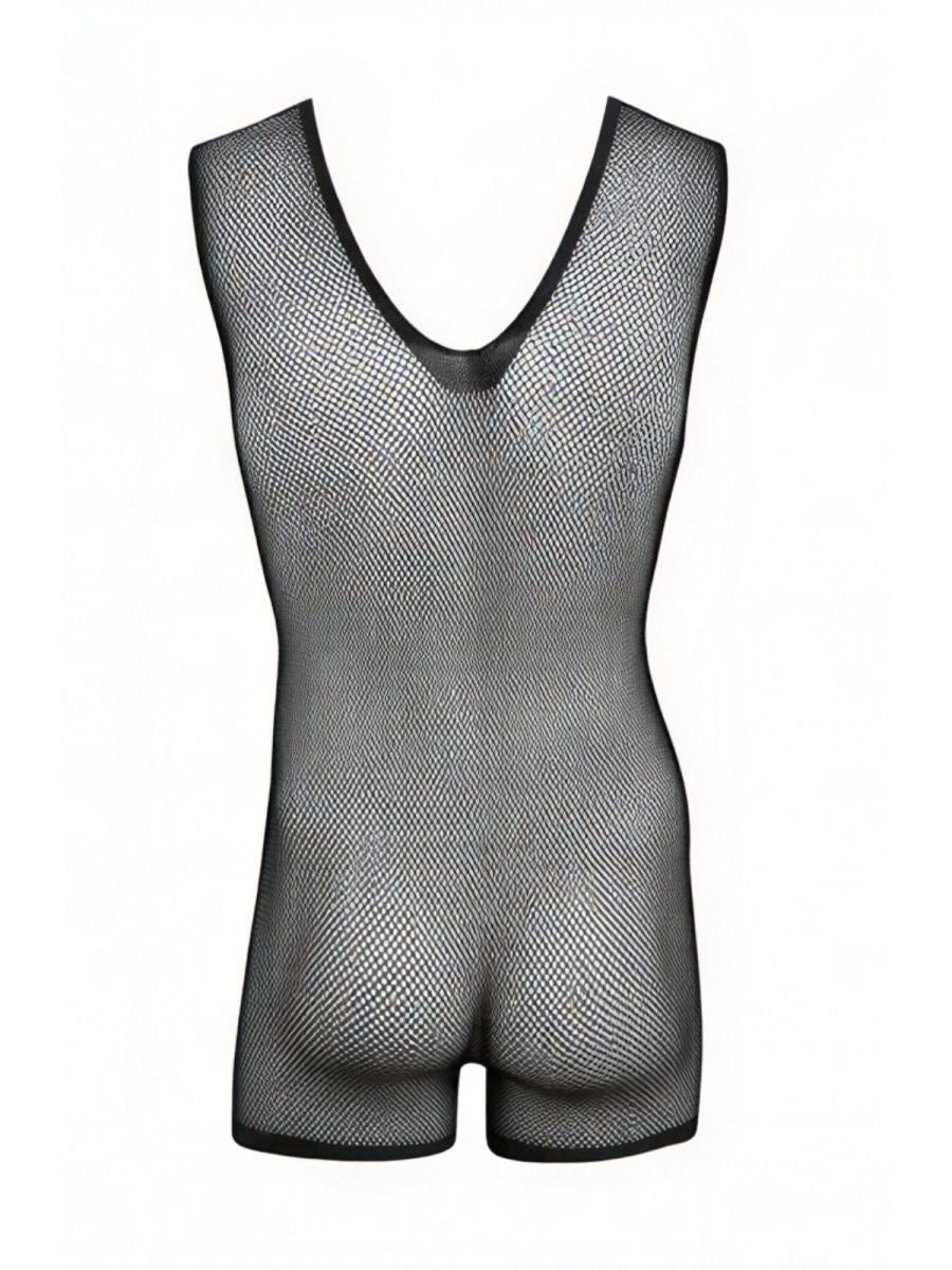 Black mesh sleeveless bodysuit with a V-neckline and short leg cut.