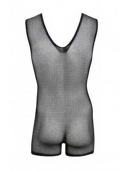 Black mesh sleeveless bodysuit with a V-neckline and short leg cut.