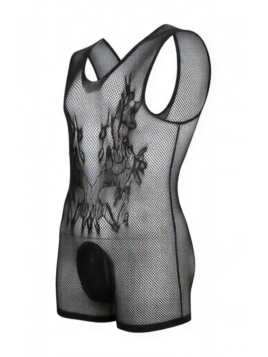 Black CandyMan fishnet bodysuit with racerback style, short leg cut, and patterned front detail.