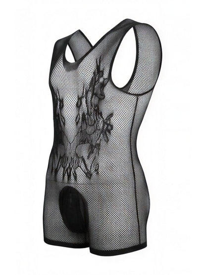 Black CandyMan fishnet bodysuit with racerback style, short leg cut, and patterned front detail.