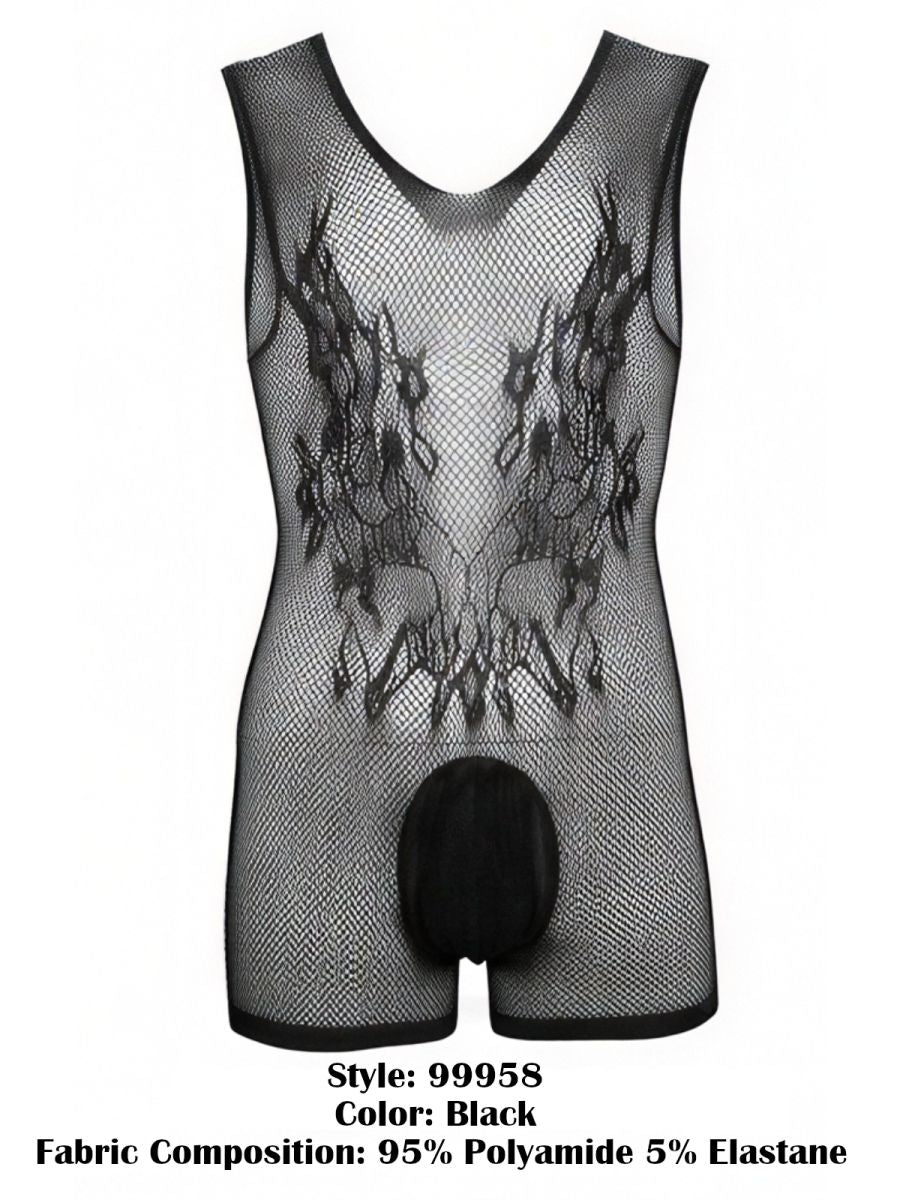 Black CandyMan 99958 fishnet bodysuit with V-neck, sleeveless cut, and solid pouch.