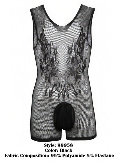 Black CandyMan 99958 fishnet bodysuit with V-neck, sleeveless cut, and solid pouch.