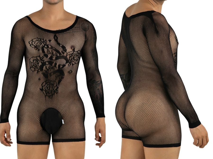 CandyMan 99959 black mesh long-sleeve bodysuit with floral pattern and solid crotch pouch. Shown front and back view.