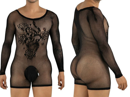 CandyMan 99959 black mesh long-sleeve bodysuit with floral pattern and solid crotch pouch. Shown front and back view.