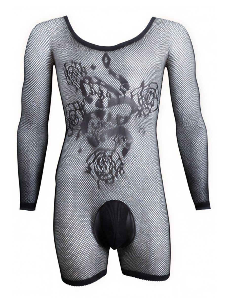 Black long-sleeve fishnet bodysuit with front rose pattern and solid black pouch.