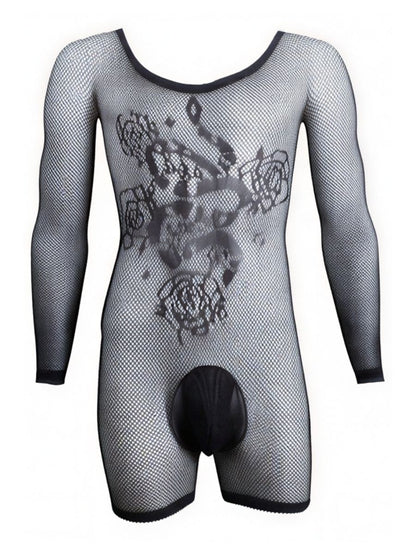 Black long-sleeve fishnet bodysuit with front rose pattern and solid black pouch.
