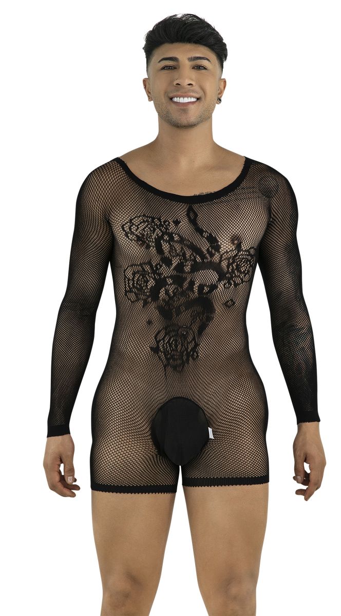 Model wearing a black, long-sleeve, fishnet bodysuit featuring a floral pattern and a solid-colored pouch.