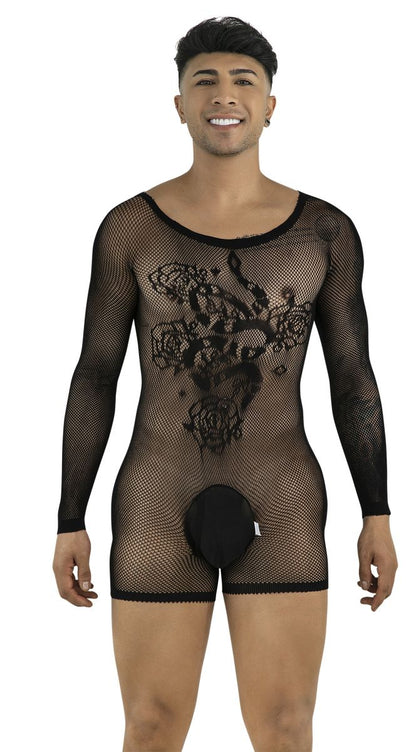 Model wearing a black, long-sleeve, fishnet bodysuit featuring a floral pattern and a solid-colored pouch.