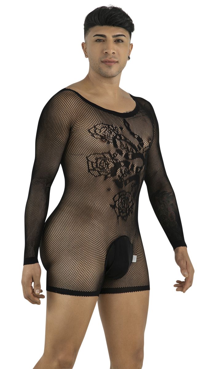 Black CandyMan fishnet bodysuit with long sleeves, rose-patterned detail, and an opaque front pouch.