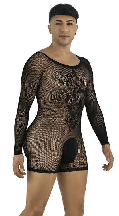 Black CandyMan fishnet bodysuit with long sleeves, rose-patterned detail, and an opaque front pouch.