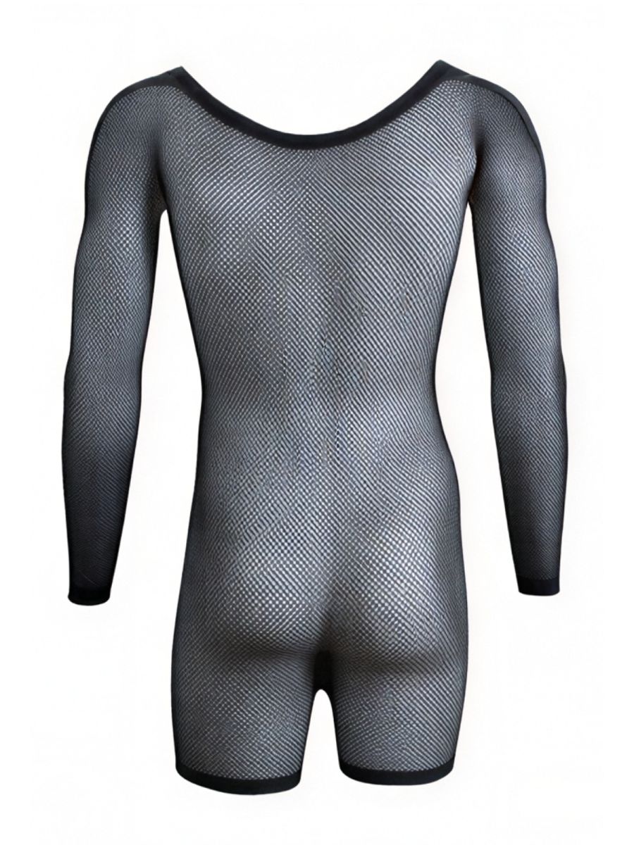 CandyMan 99959 black bodysuit featuring long sleeves, a scoop neck, and sheer, fine-mesh fabric.