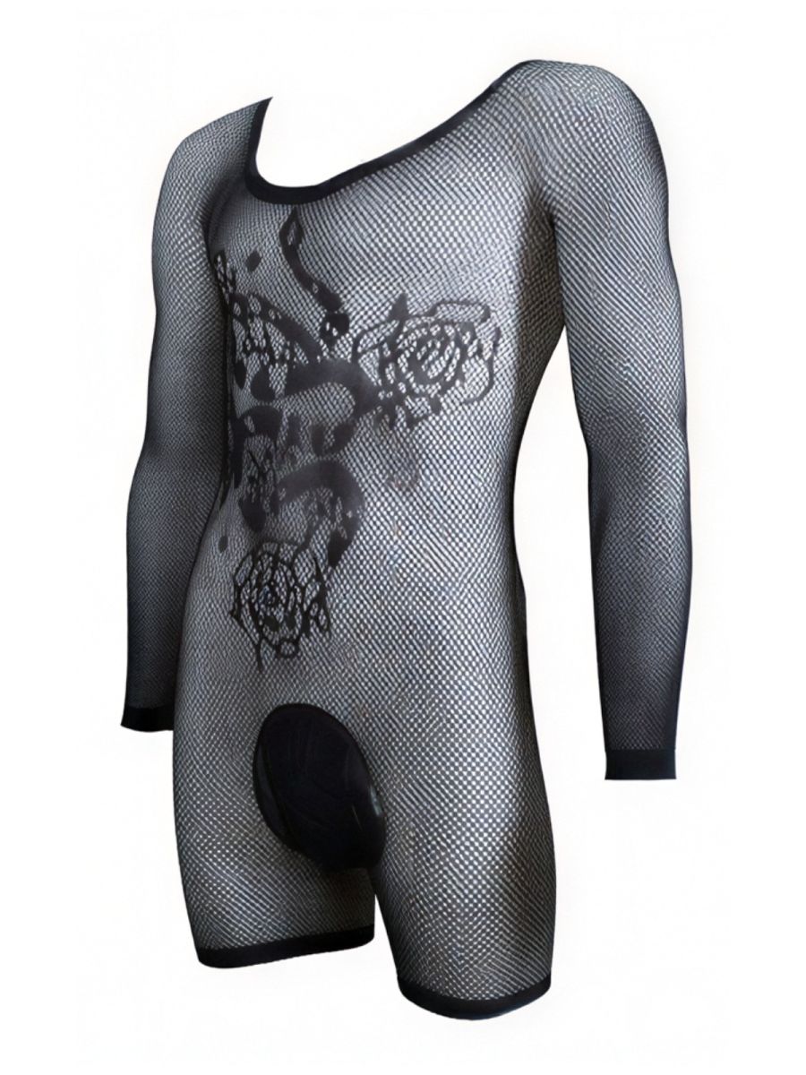 Black long-sleeve fishnet bodysuit with scoop neck, rose and snake print, and a solid opaque pouch.